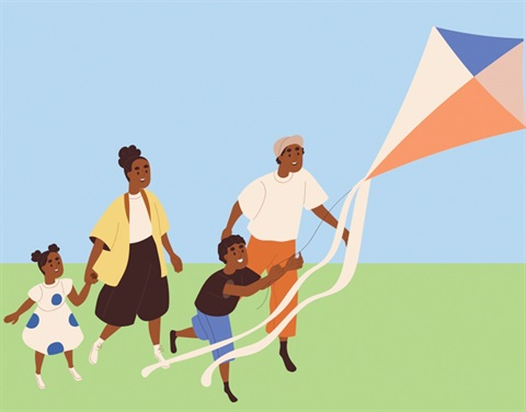 A graphic of a family flying a kite