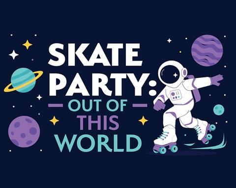 skate party graphic showing a skating astronaut